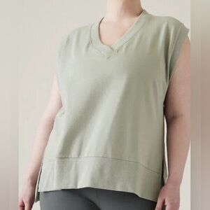 Athleta Retroterry V-Neck Sweatshirt Tee Large L Sleeveless Fern Green